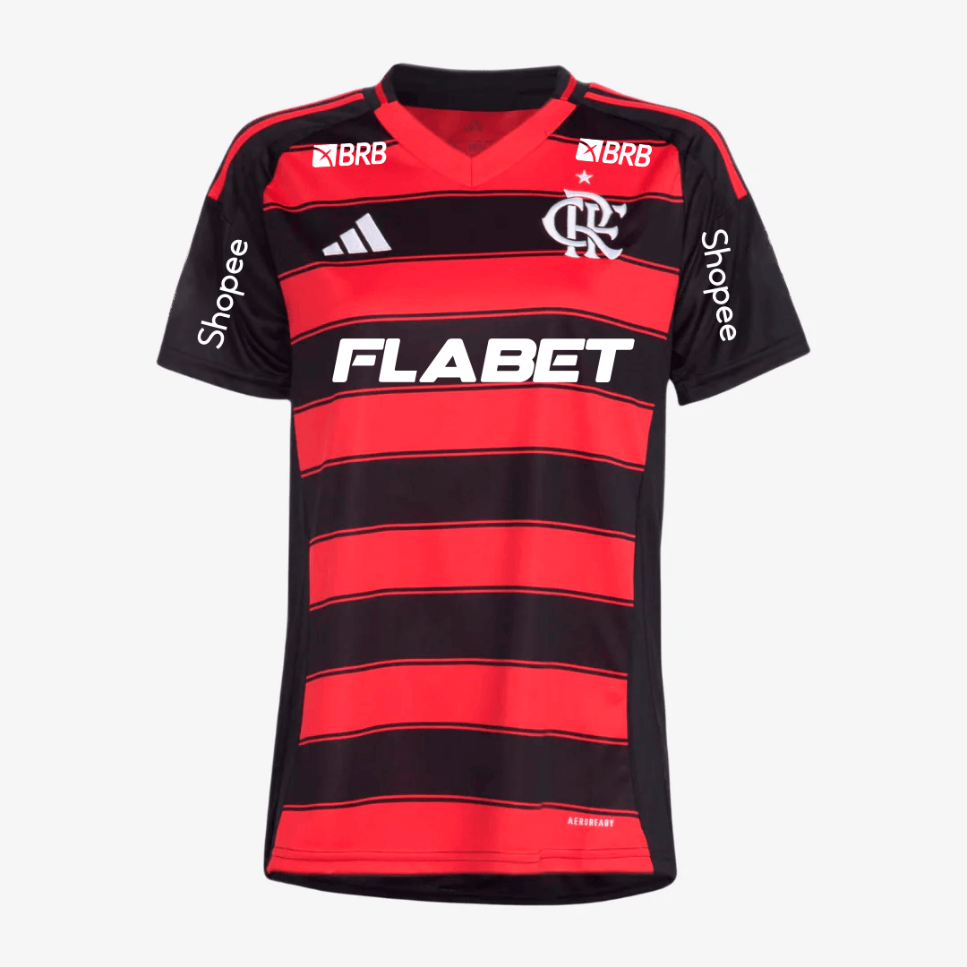 Flamengo Home 25/26 Torcedor Com Patrocínios Adidas Feminina - Vemelho e Preto