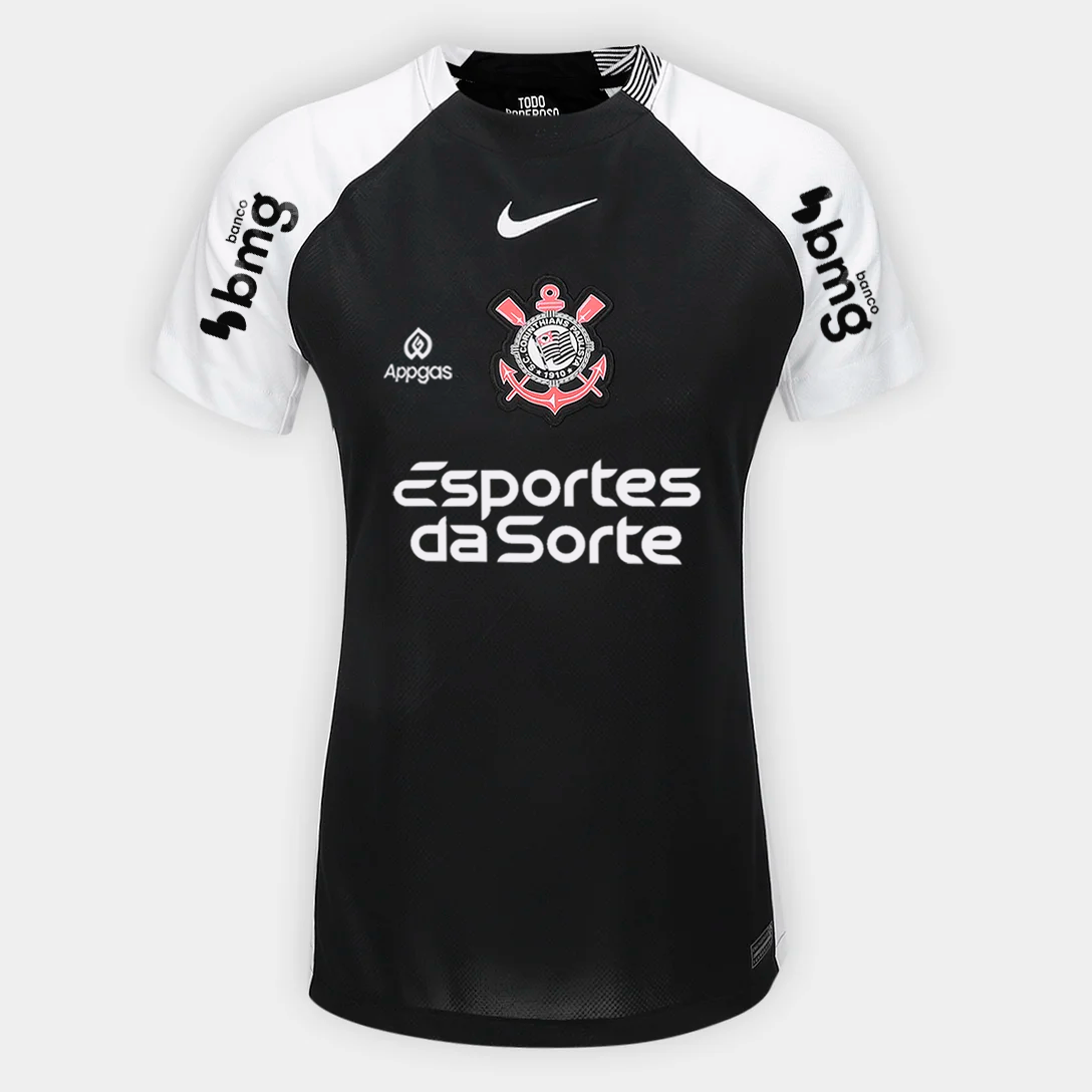 Corinthians Away 25/26 Torcedor Com Patrocínios Nike Feminina - Preta e Branca