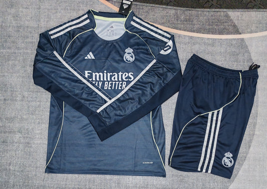 Kit Infantil Real Madrid Away Manga Longa 25/26  - Cinza