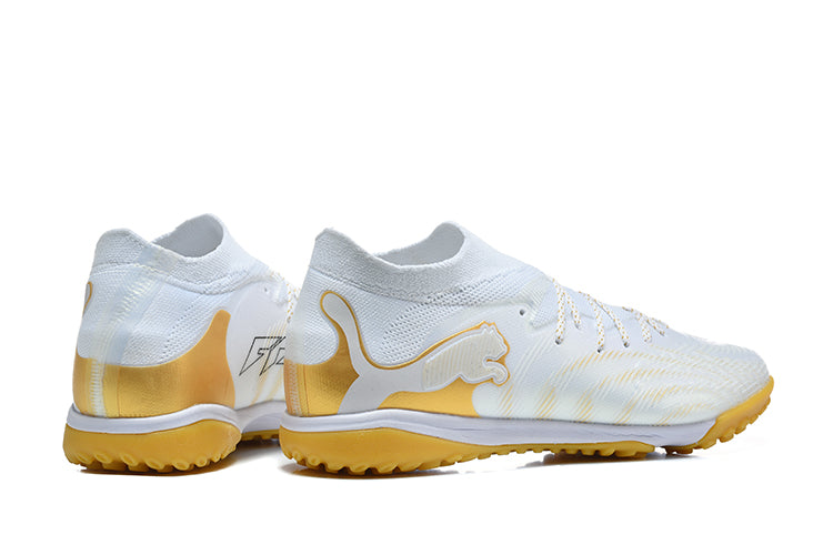 Chuteira Society Puma Future 8 TF Pro Cage - Branca e Dourada