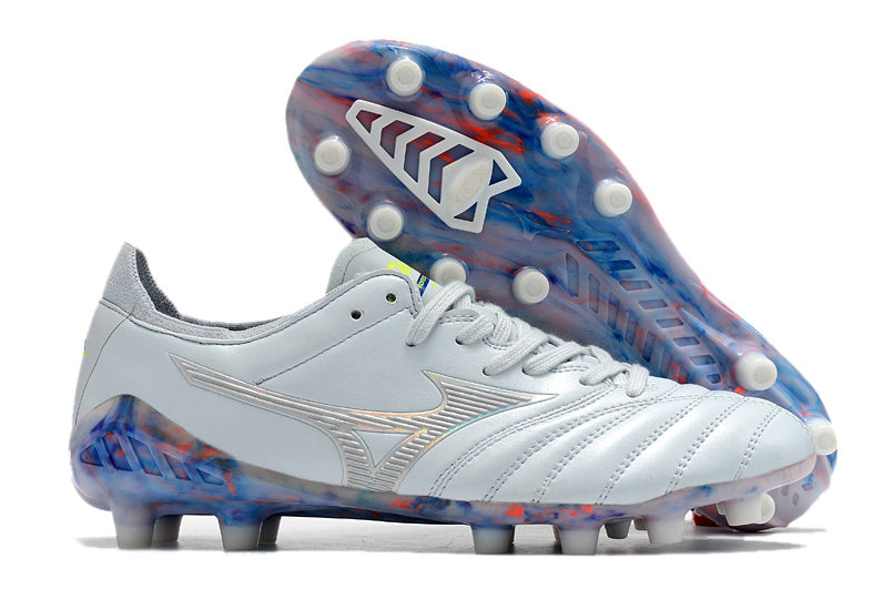 Chuteira Society Mizuno Morelia Neo 3 Japan FG - Branca e Colorida