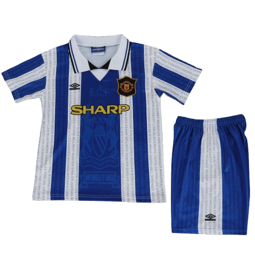 Kit infantil Manchester United Retrô Away 94/95 - Azul e Branco