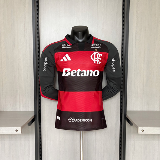 Flamengo Home 26/27 Manga Longa Jogador Com Patrocínios Adidas Masculino - Vermelho e Preto