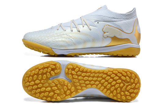 Chuteira Society Puma Future 8 TF Pro Cage - Branca e Dourada