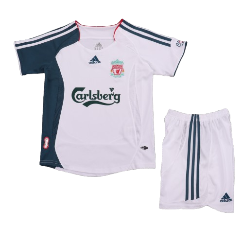 Kit Infantil Liverpool Away Retrô 06/07 - Branco e Verde