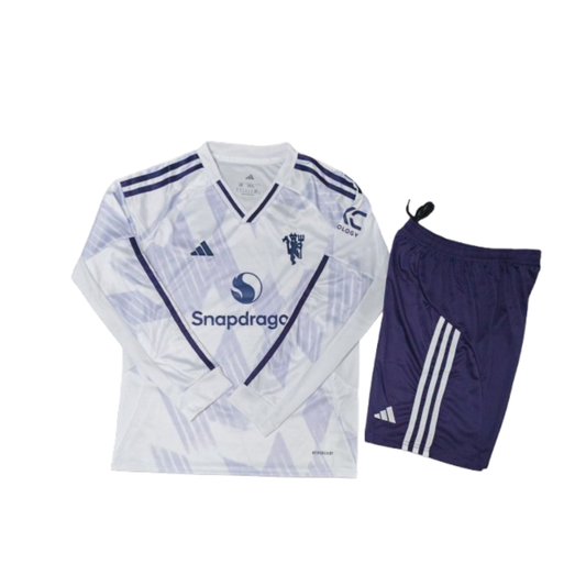 Kit infantil Manchester United Away Manga Longa 25/26 - Branco