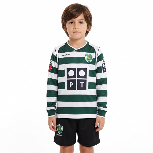 Kit Infantil Sporting Home Retrô 2003 Manga Longa - Verde e Branco