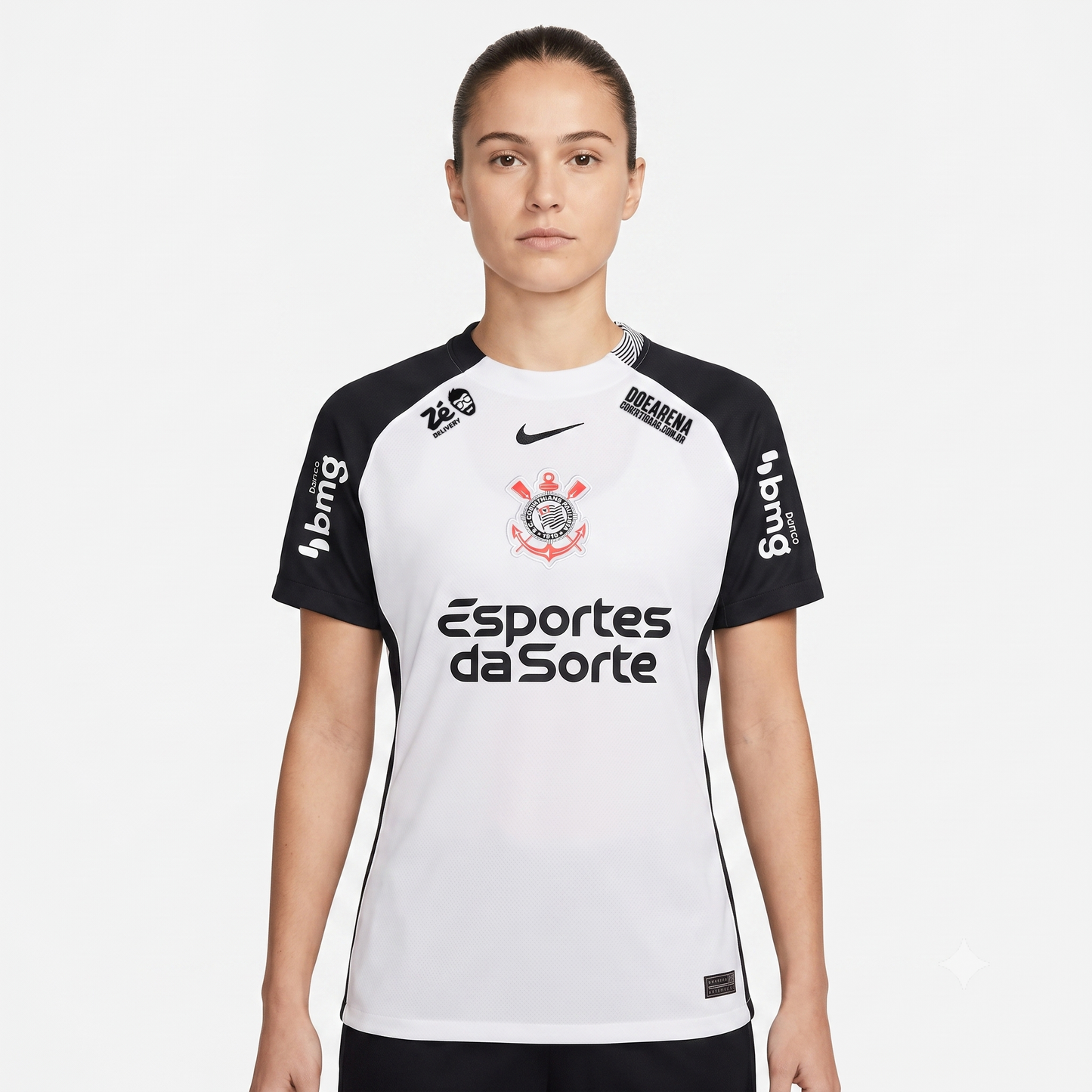 Corinthians Home 25/26 Torcedor Com Patrocínios Nike Feminina - Branca e Preta