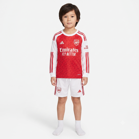 Kit Infantil Arsenal Home Manga Longa 25/26 - Vermelho e Branco