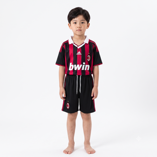 Kit Infantil Milan Home Retrô 09/10 Manga Longa . - Vermelho e Preto