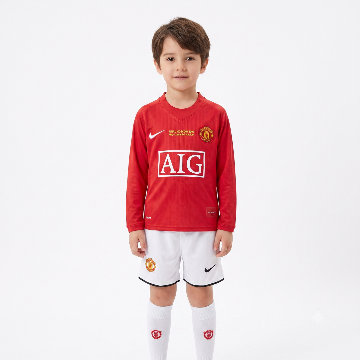 Kit infantil Manchester United Retrô Home Manga Longa 2008 - Vermelho