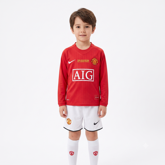 Kit infantil Manchester United Retrô Home Manga Longa 2008 - Vermelho