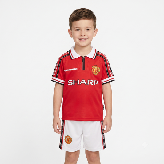 Kit infantil Manchester United Retrô Home 1999 . - Vermelho