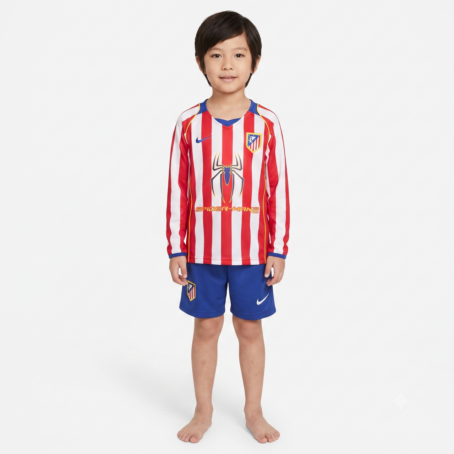 Kit Infantil Atletico de Madrid Home Retrô 2004 Manga Longa  - Vermelho e Branco