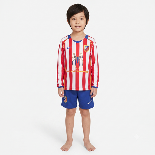 Kit Infantil Atletico de Madrid Home Retrô 2004 Manga Longa  - Vermelho e Branco