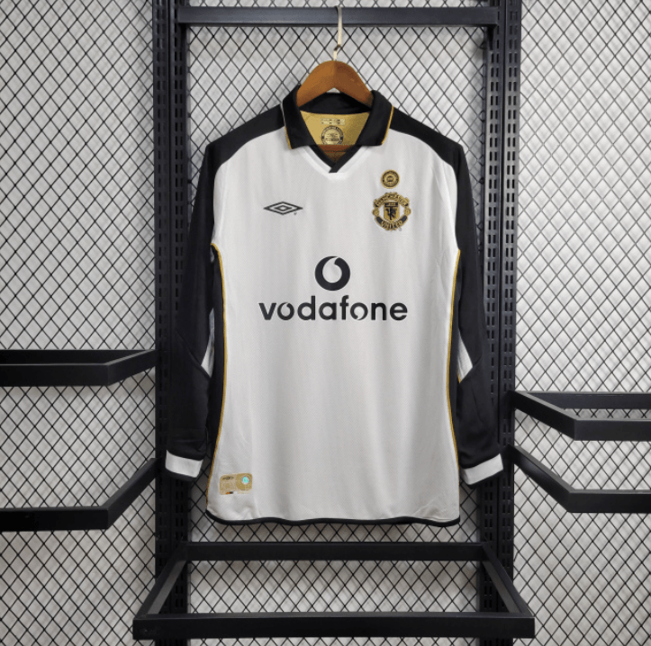 Manchester United Retro Away 01/02 Umbro Dupla face Manga Longa - Branca e Dourada