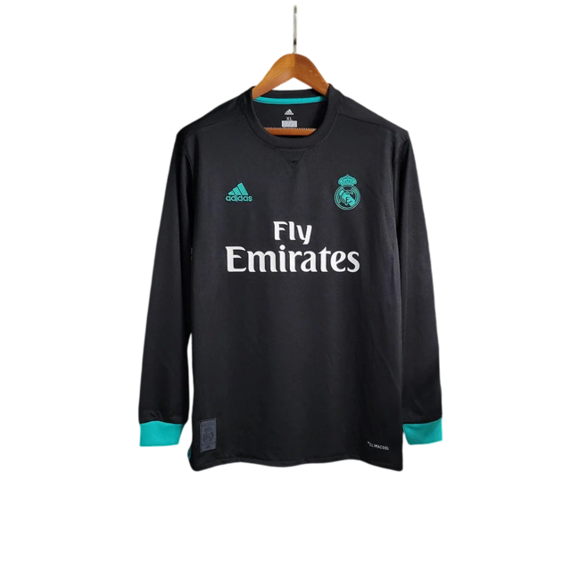 Real Madrid Away Retrô Manga Longa 17/18 Com patchs Adidas - Preto